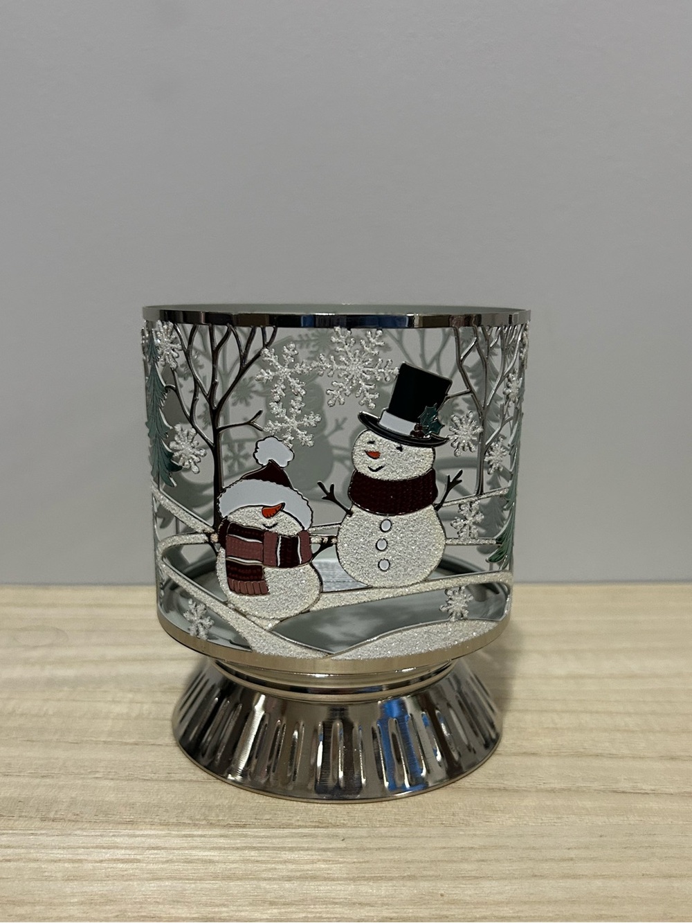 NEW Bath & Body Works Glitter Snowman Trees Silver Pedestal Candle Holder